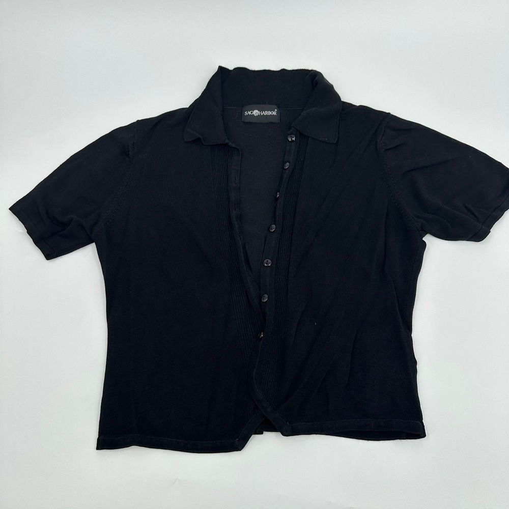 Sag Harbor Cardigan Short Sleeve Button Up 90s Vintage Women Medium Black Top